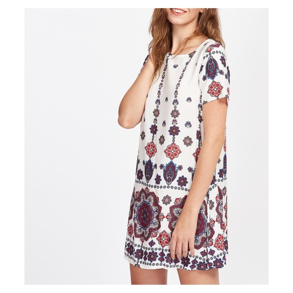 White Short Sleeve Mandala Print Shift Boho Dress - Picture 2 of 5